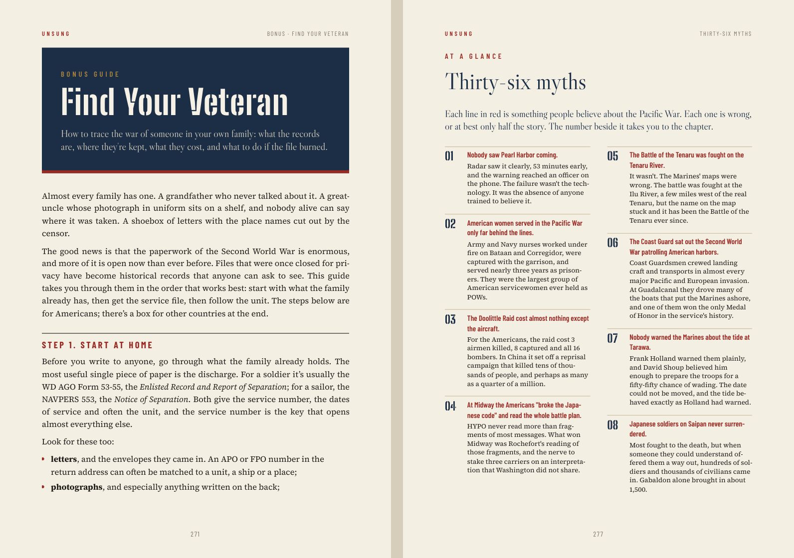 The first page of the Find Your Veteran guide, and the list of thirty-six myths.