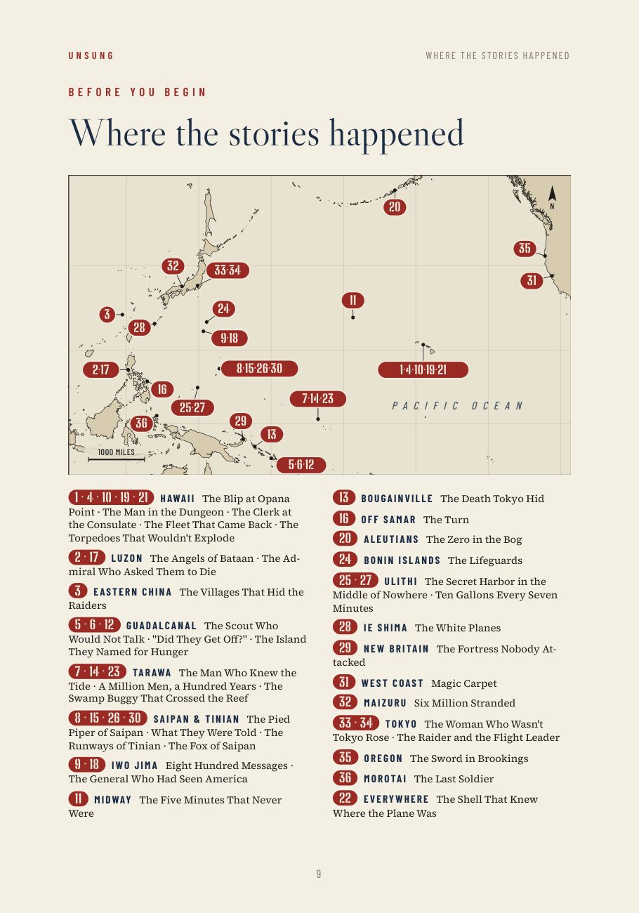 The book's map of where all 36 stories happened, with numbered pins across the Pacific.
